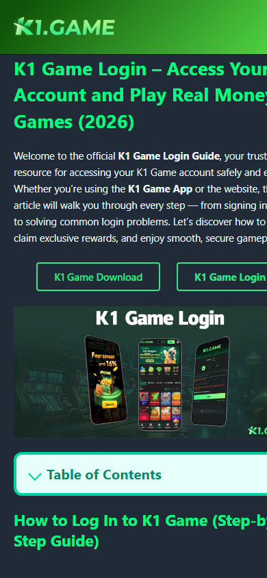K1 Game public login and download page screenshot